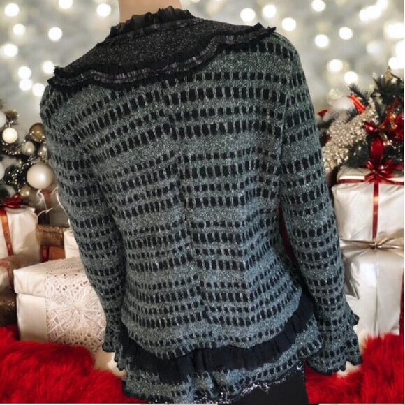 ARIS Wool Blend Contrast Ruffles Scalloped Placket Winter Knit Cardigan NEW Sz M - Picture 3 of 5